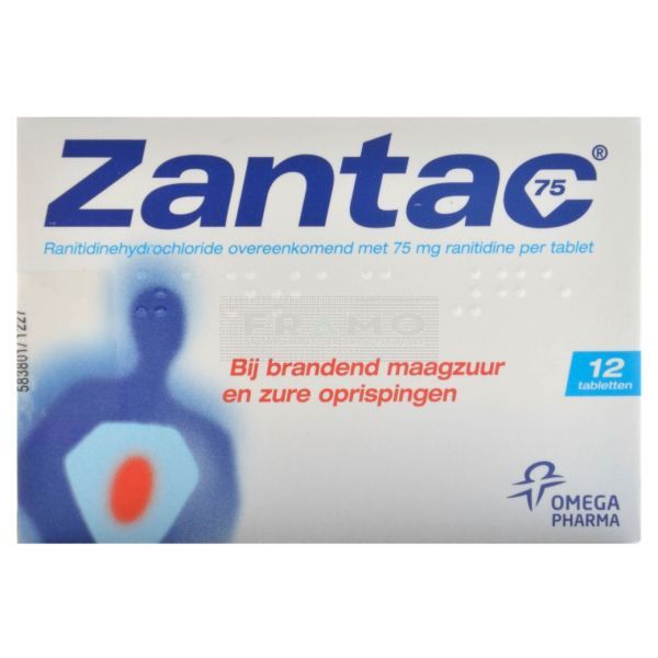 Zantac 75 mg à 12 tabletten, te gebruiken bij brandend maagzuur